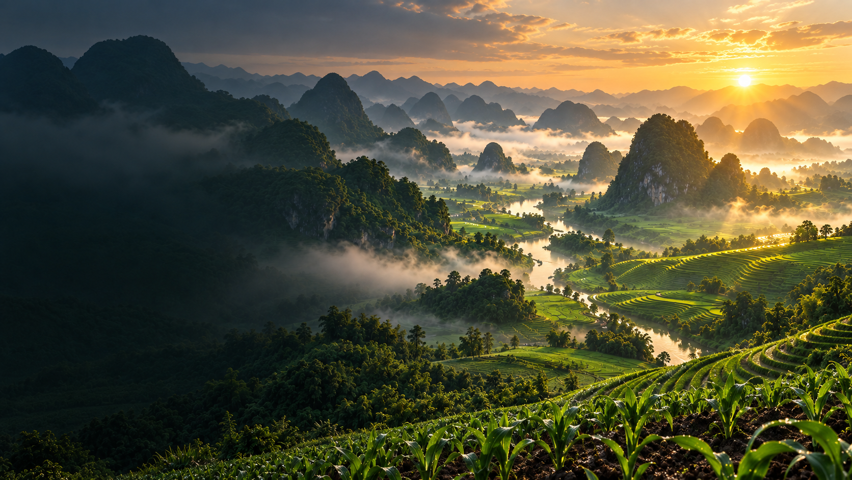 Healthy crops overlooking agricultural terraces and karst mountains in Guizhou at sunrise