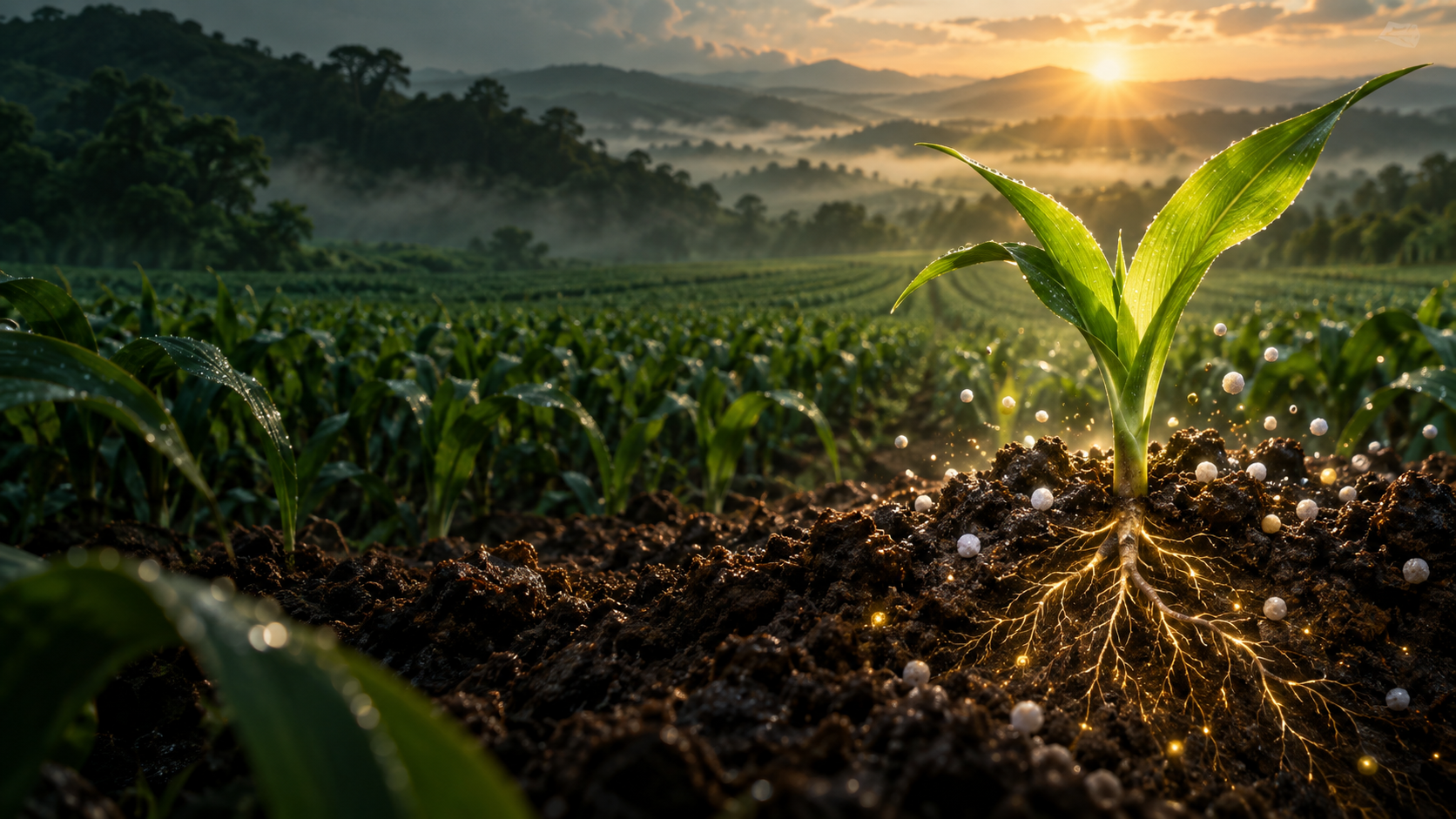 A luminous seedling growing from nutrient-rich soil